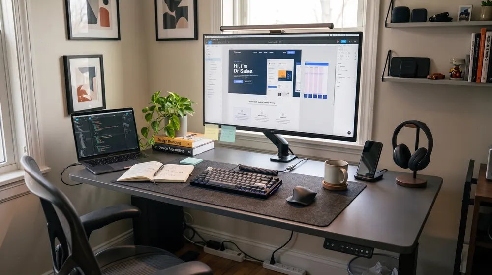 Desk with a monitor showing a website design, a laptop with code, and design books